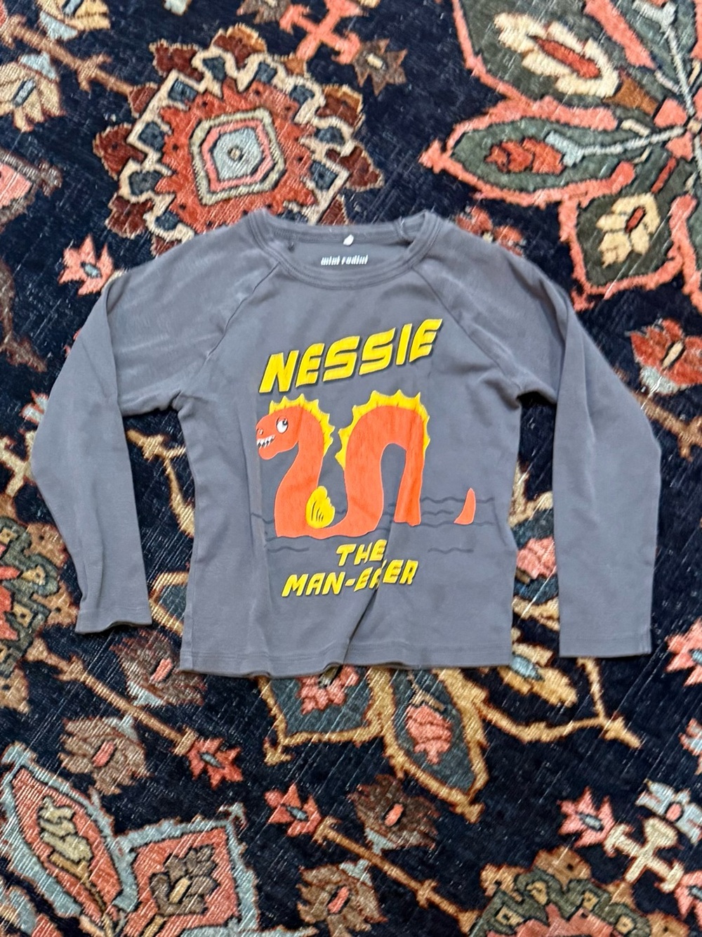Mini Rodini Gray Long Sleeve Tee with Orange & Yellow Nessie Print